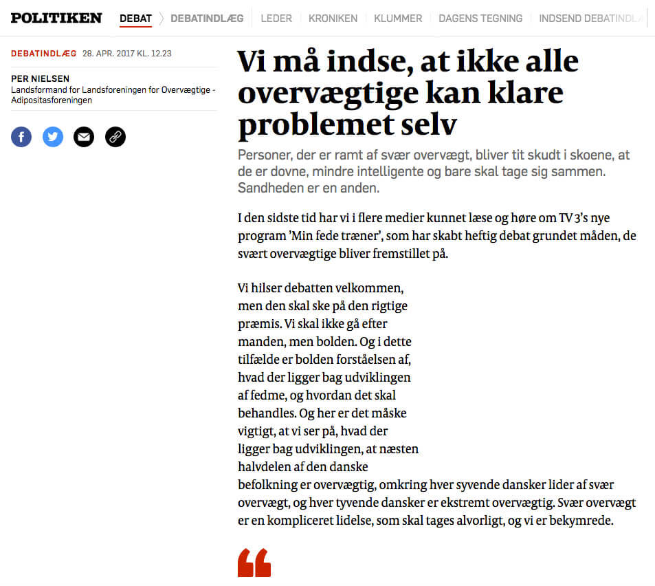 Vi må indse, at ikke alle overvægtige kan klare problemet selv (debatindlæg i Politiken)
