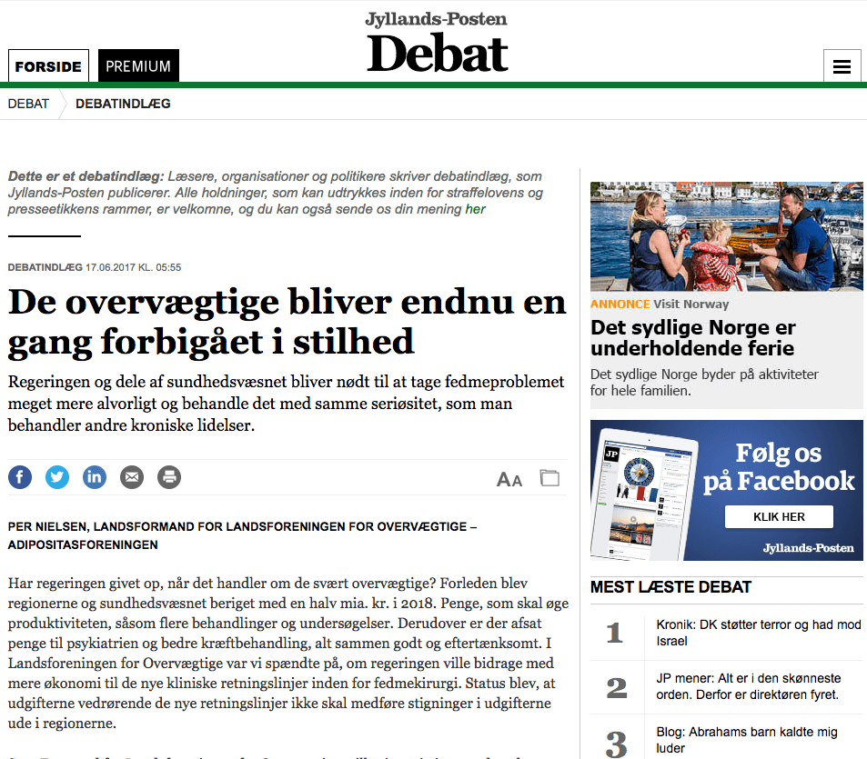 Regeringen svigter de svært overvægtige (debatindlæg i Jyllands-Posten)